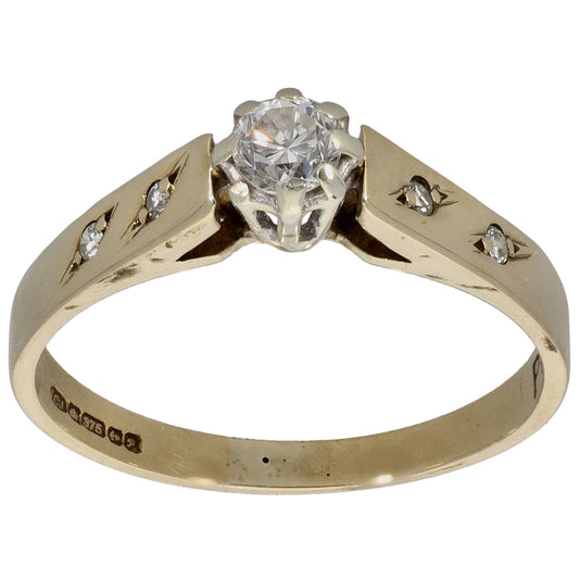 9ct Gold 0.19ct Diamond Solitaire Ring With Accent Stones Size L