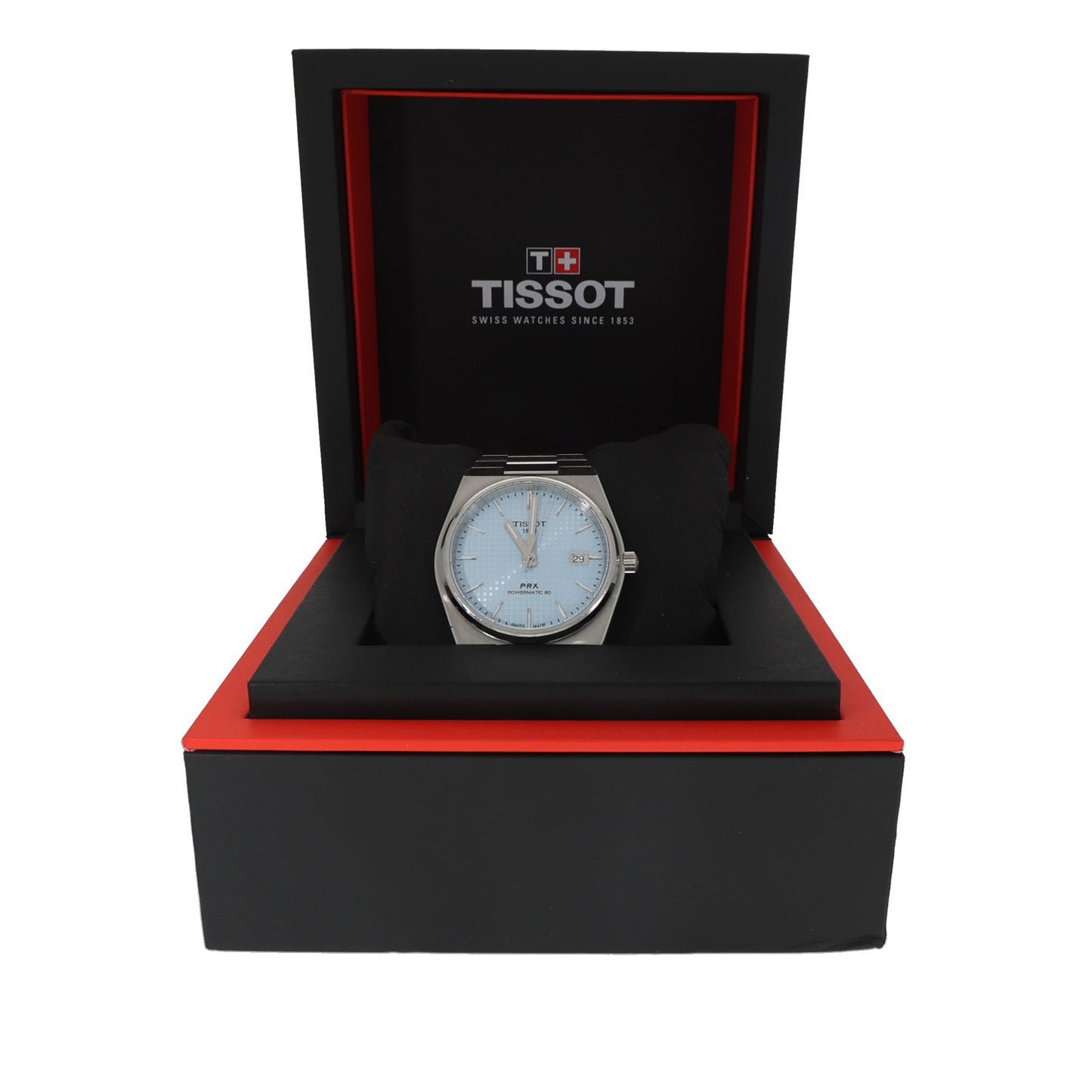 Tissot PRX T137407A, light blue dial with tapisserie pattern, stainless steel case and bracelet in red and black Tissot box
