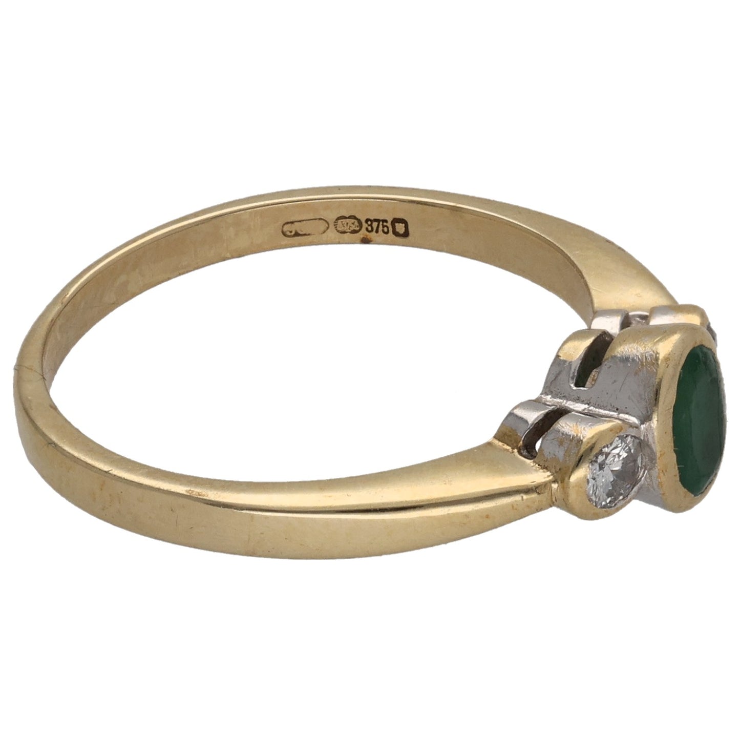 9ct Gold 0.11ct Diamond & Emerald Three Stone Ring Size M