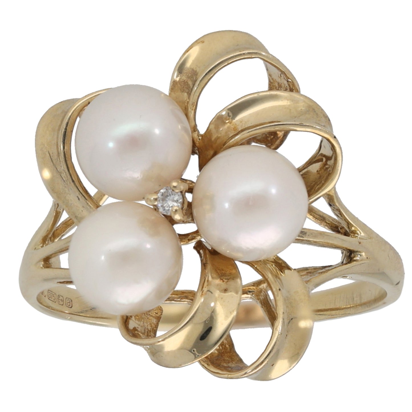 9ct Gold Cultured Pearl & 0.005ct Diamond Dress/Cocktail Ring Size S