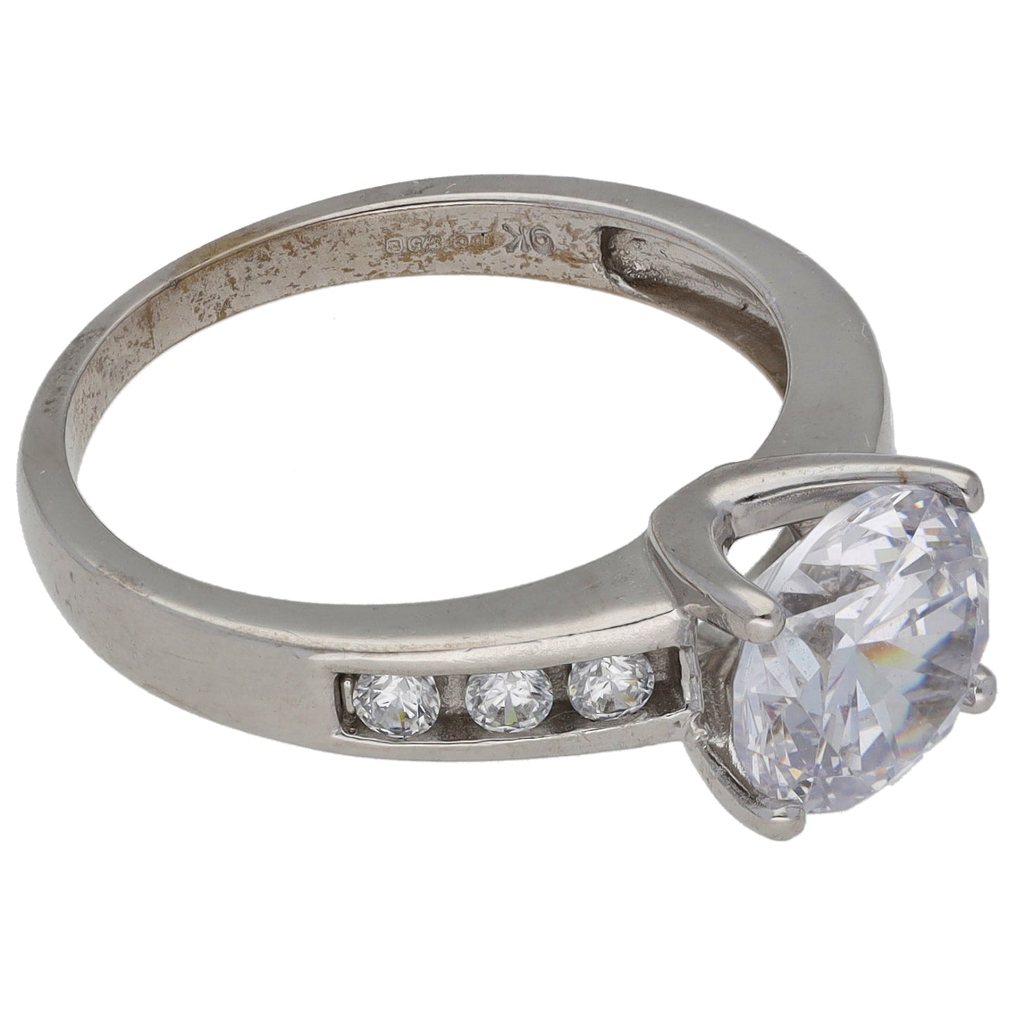 9ct White Gold Cubic Zirconia Single Stone Ring with Accent Stones Size M