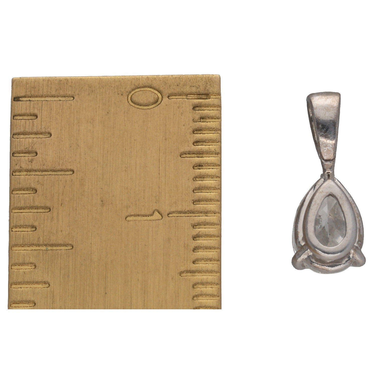 Pear diamond solitaire pendant in 18ct white gold, side view with tapered bail