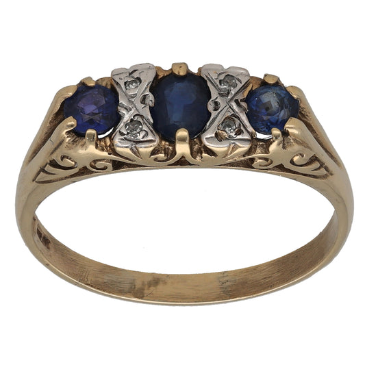 9ct Gold Sapphire & 0.02ct Diamond Trilogy Ring Size U