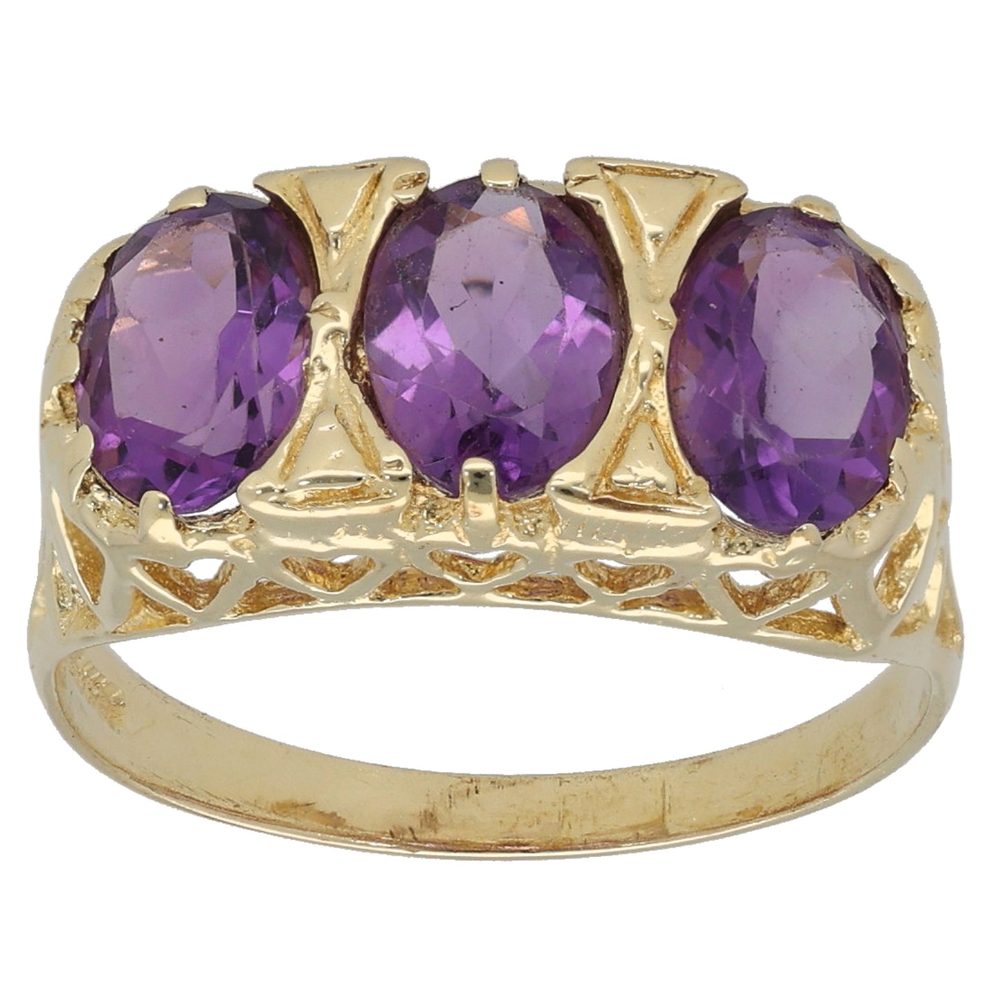 9ct Gold Amethyst Three Stone Ring Size M