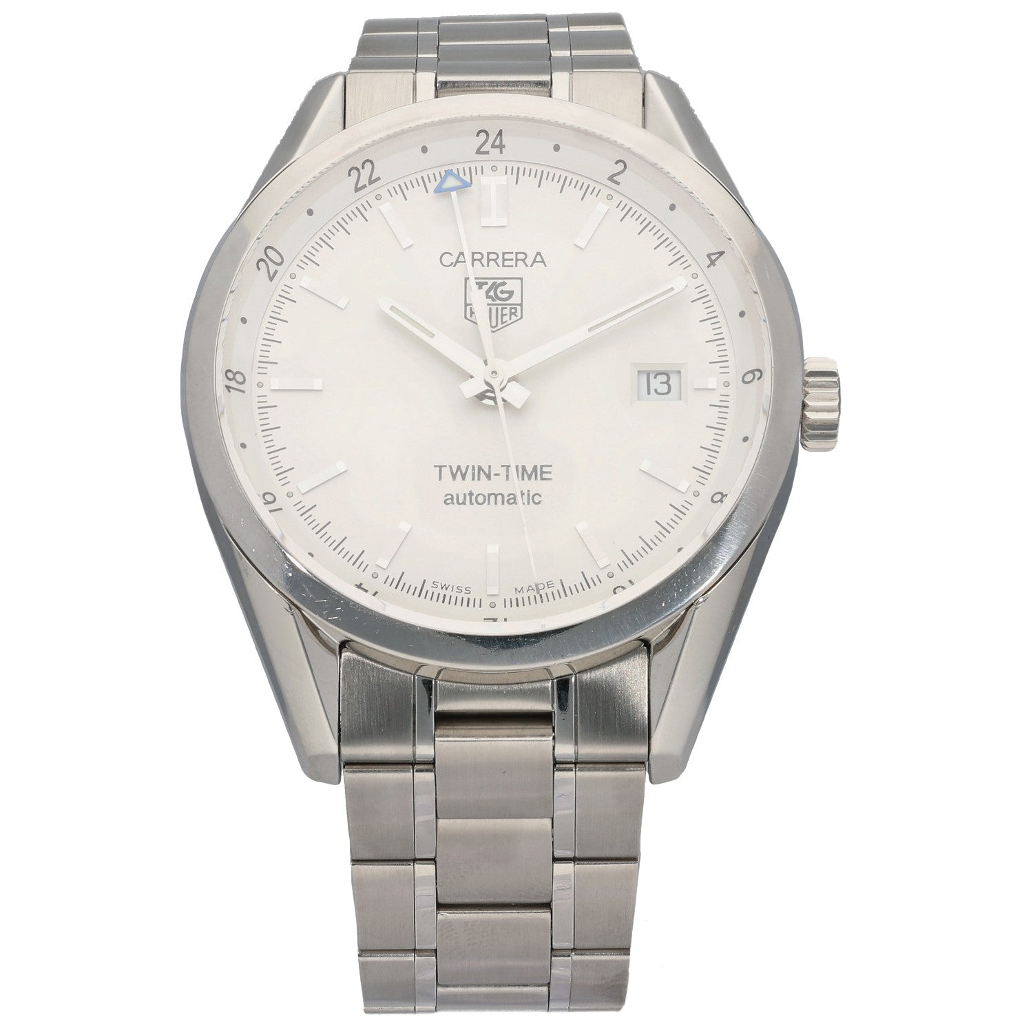 Stainless steel Tag Heuer Carrera WV2116-0 automatic wristwatch with white dial and metal bracelet