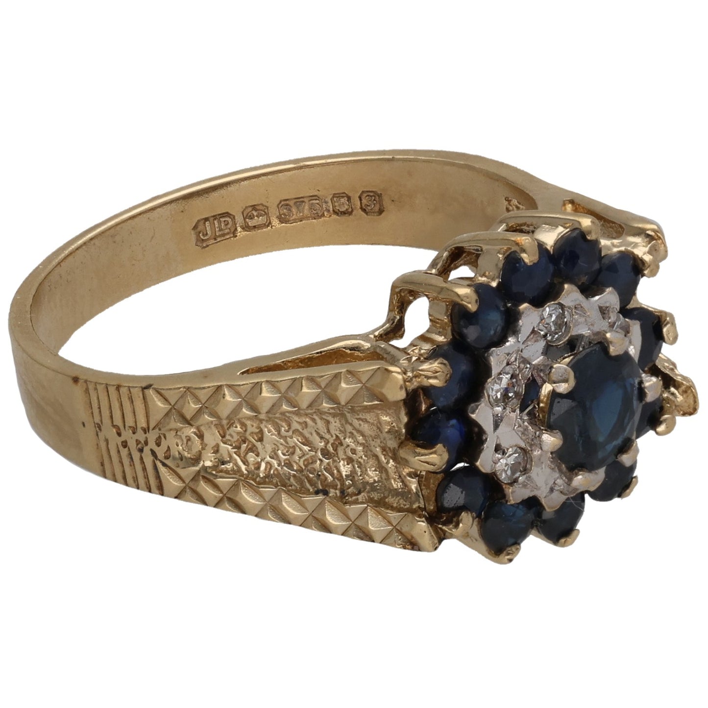 9ct gold ring with textured band and blue sapphire cluster with diamond accents