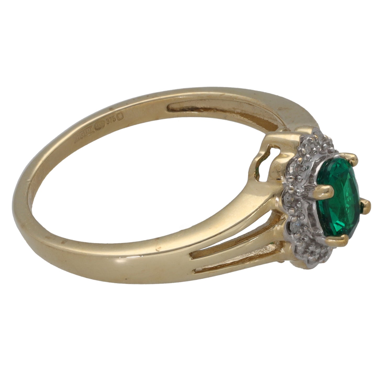 9ct Gold Man Made Emerald & 0.12ct Diamond Dress/Cocktail Ring Size P