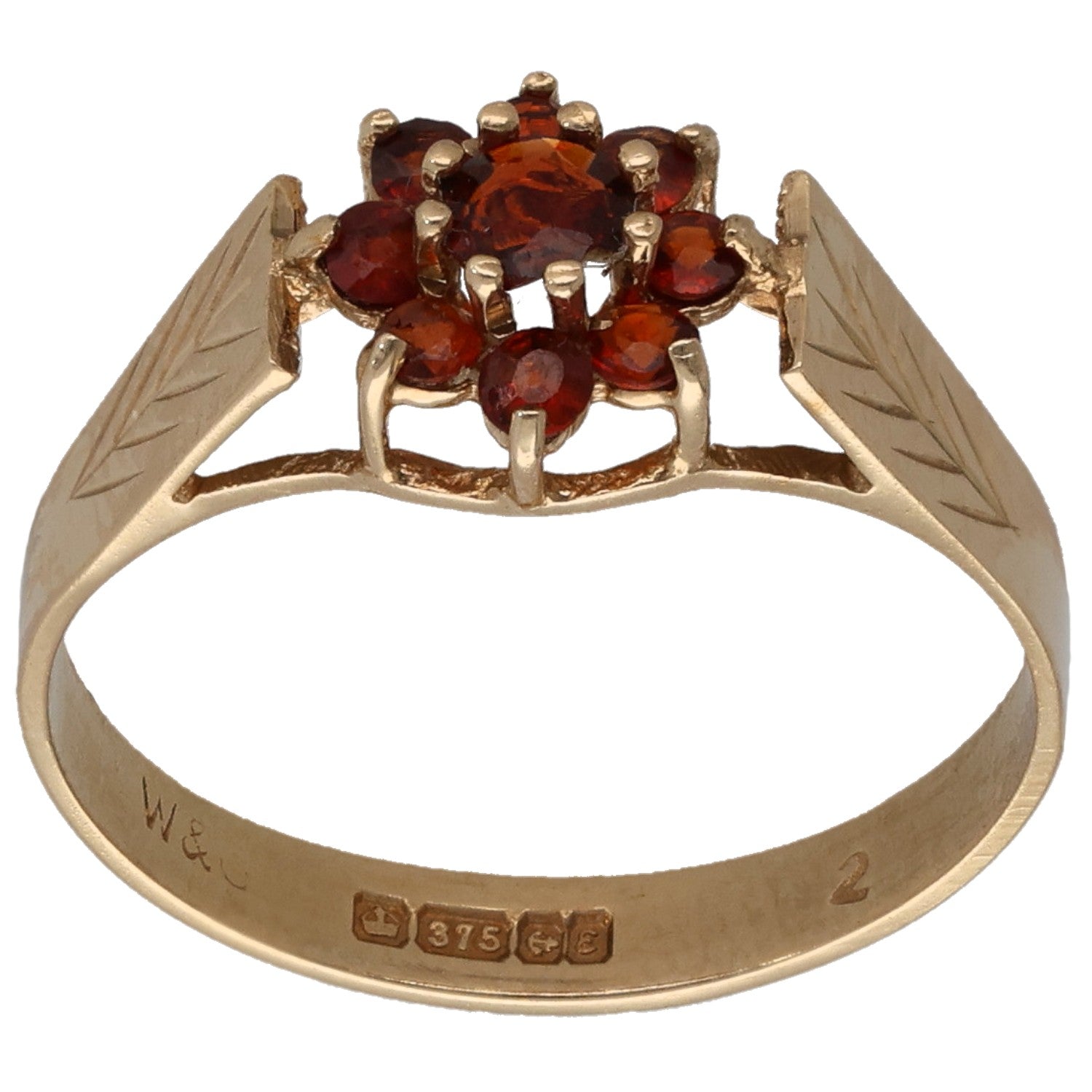 9ct gold garnet cocktail ring with cluster of red gemstones, front view