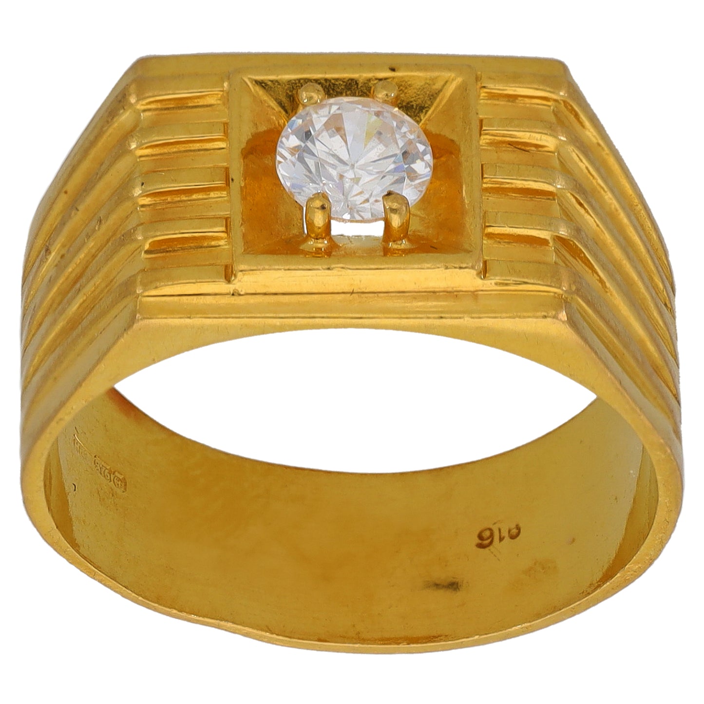 22ct Gold-tone CZ single-stone ring with large round clear center stone, squared setting