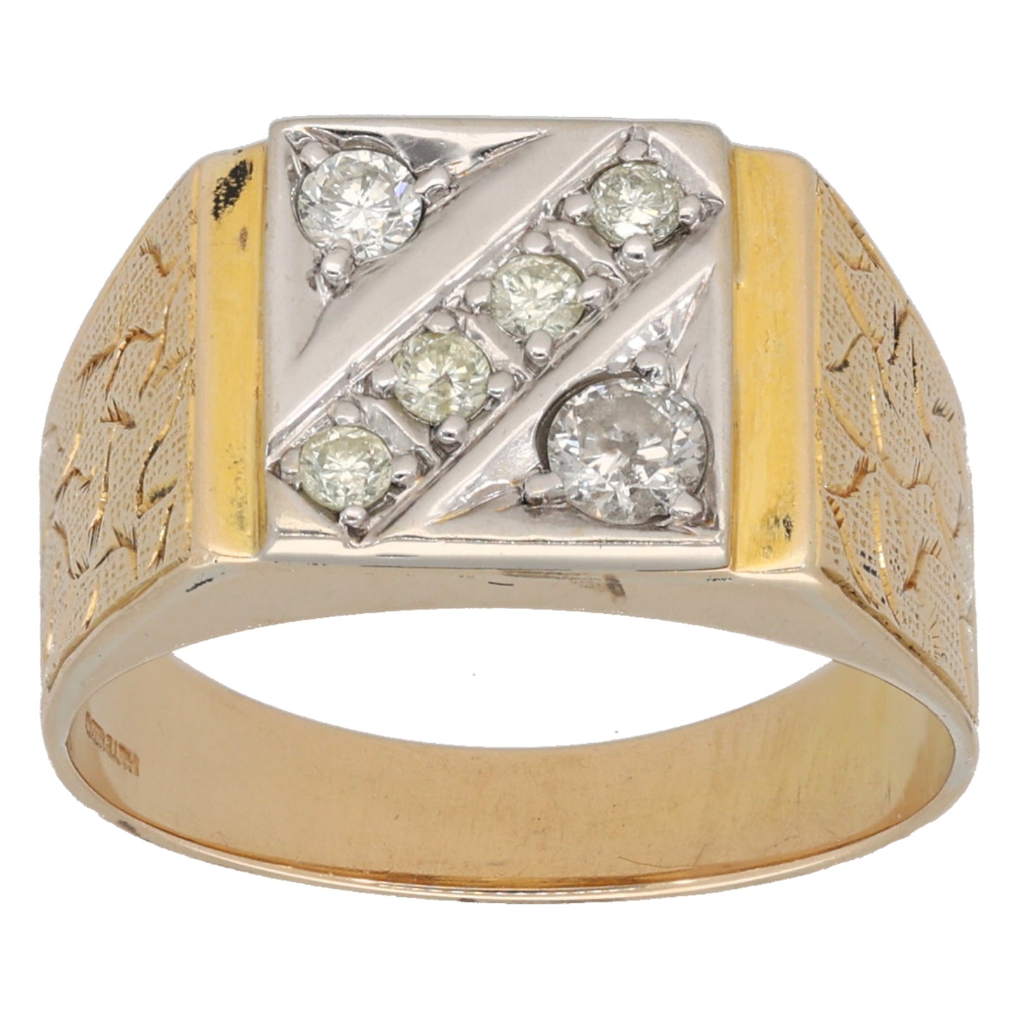 9ct Gold 0.22ct Diamond Patterned Signet Ring Size P