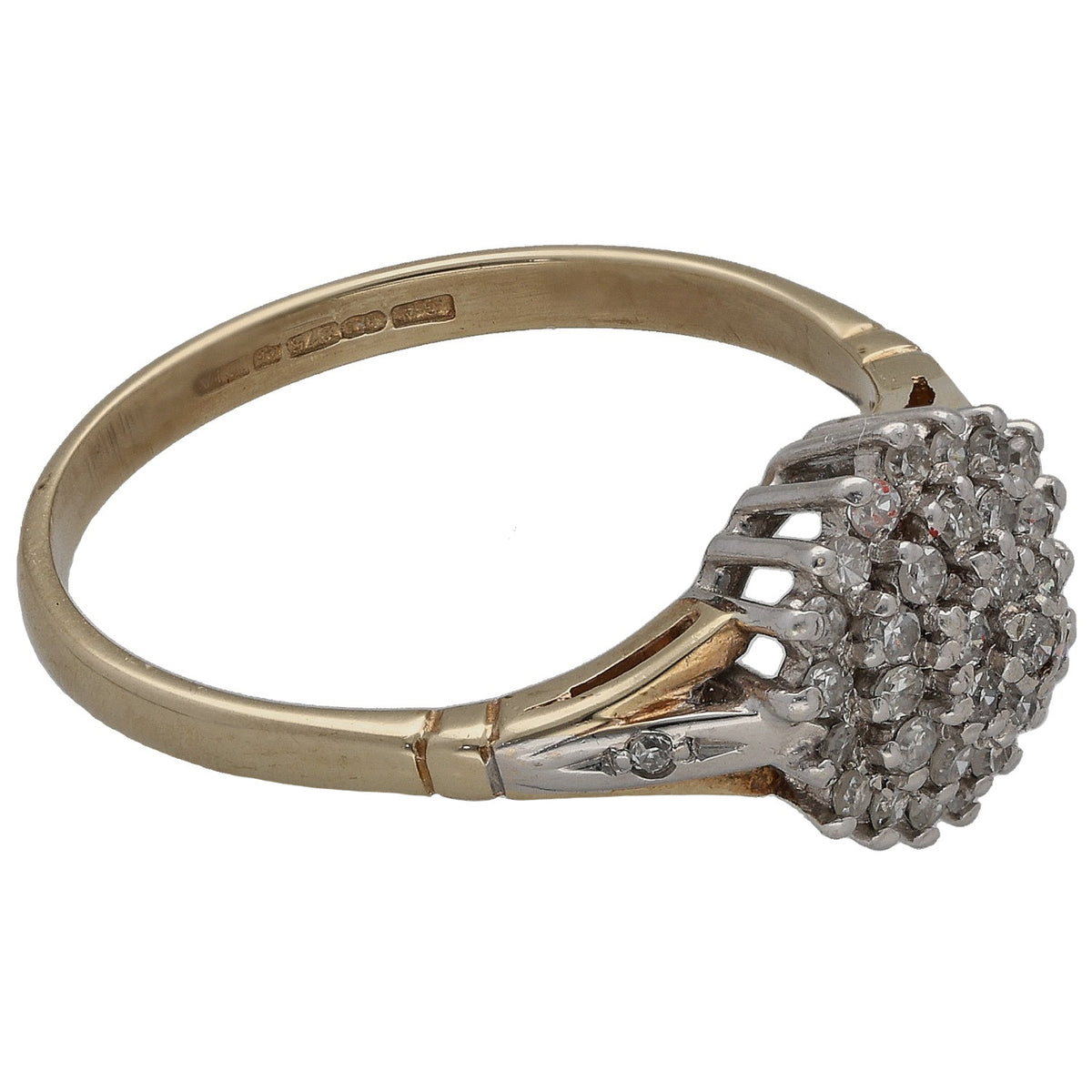 9ct gold diamond cluster ring with round stones, side view