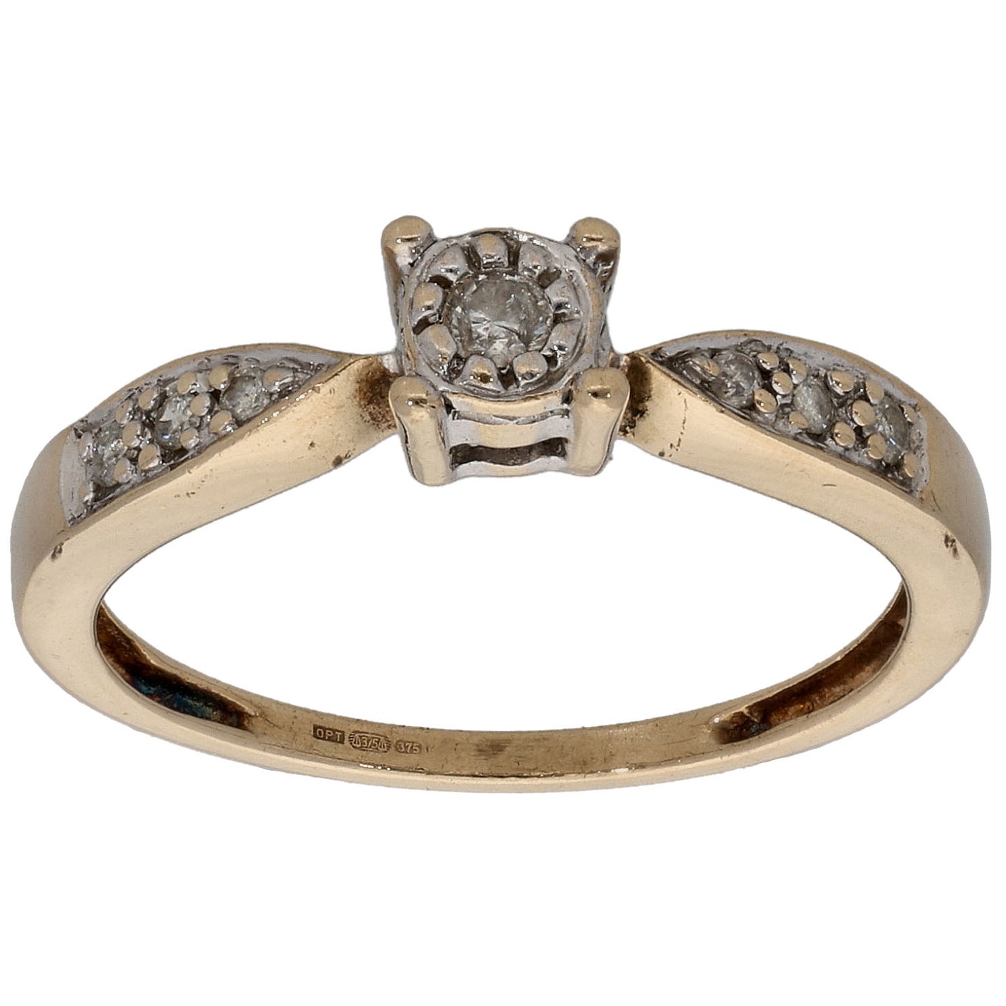 9ct Gold 0.10ct Diamond Solitaire Ring With Accent Stones Size N