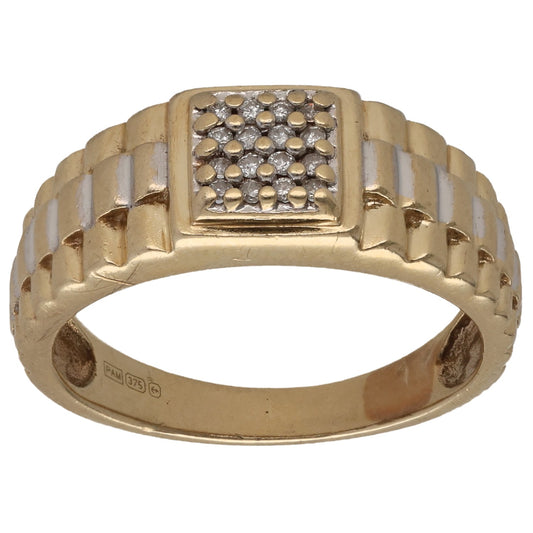9ct Gold 0.08ct Diamond Patterned Signet Ring Size P