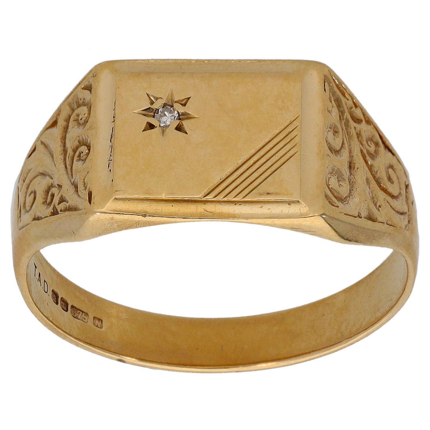 9ct Gold 0.01ct Diamond Patterned Single Stone Signet Ring Size W