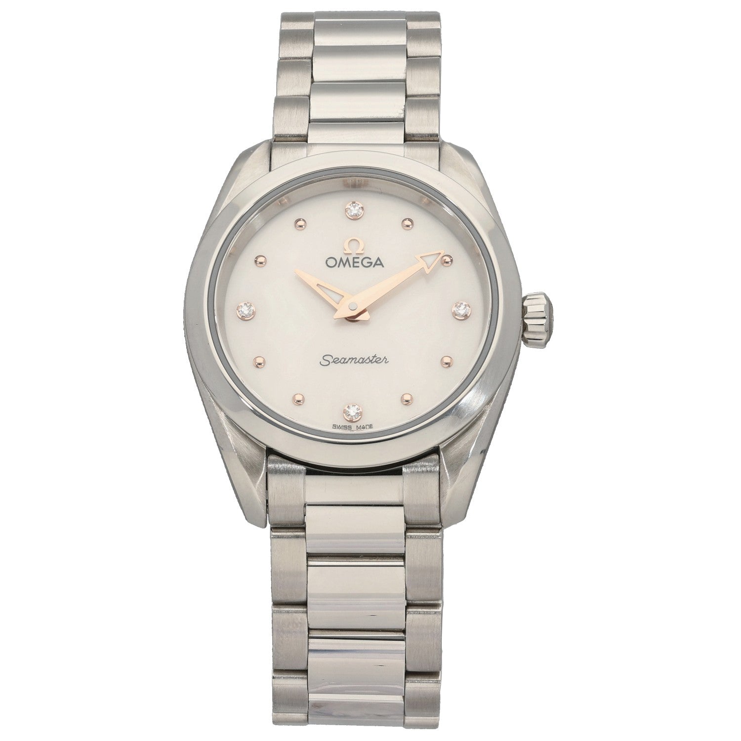 Stainless steel Omega Seamaster 220.10.28.60.54.001 wristwatch with champagne dial, diamond markers, link bracelet