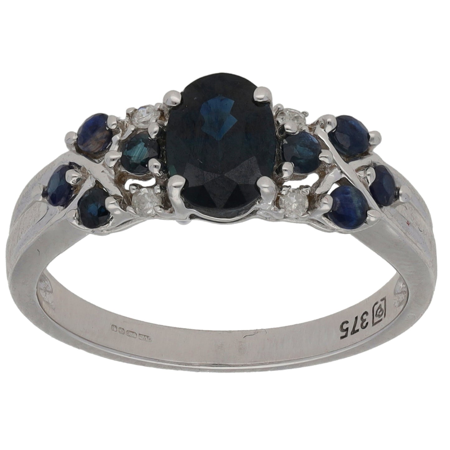 9ct White Gold Sapphire & 0.04ct Diamond Dress/Cocktail Ring Size M