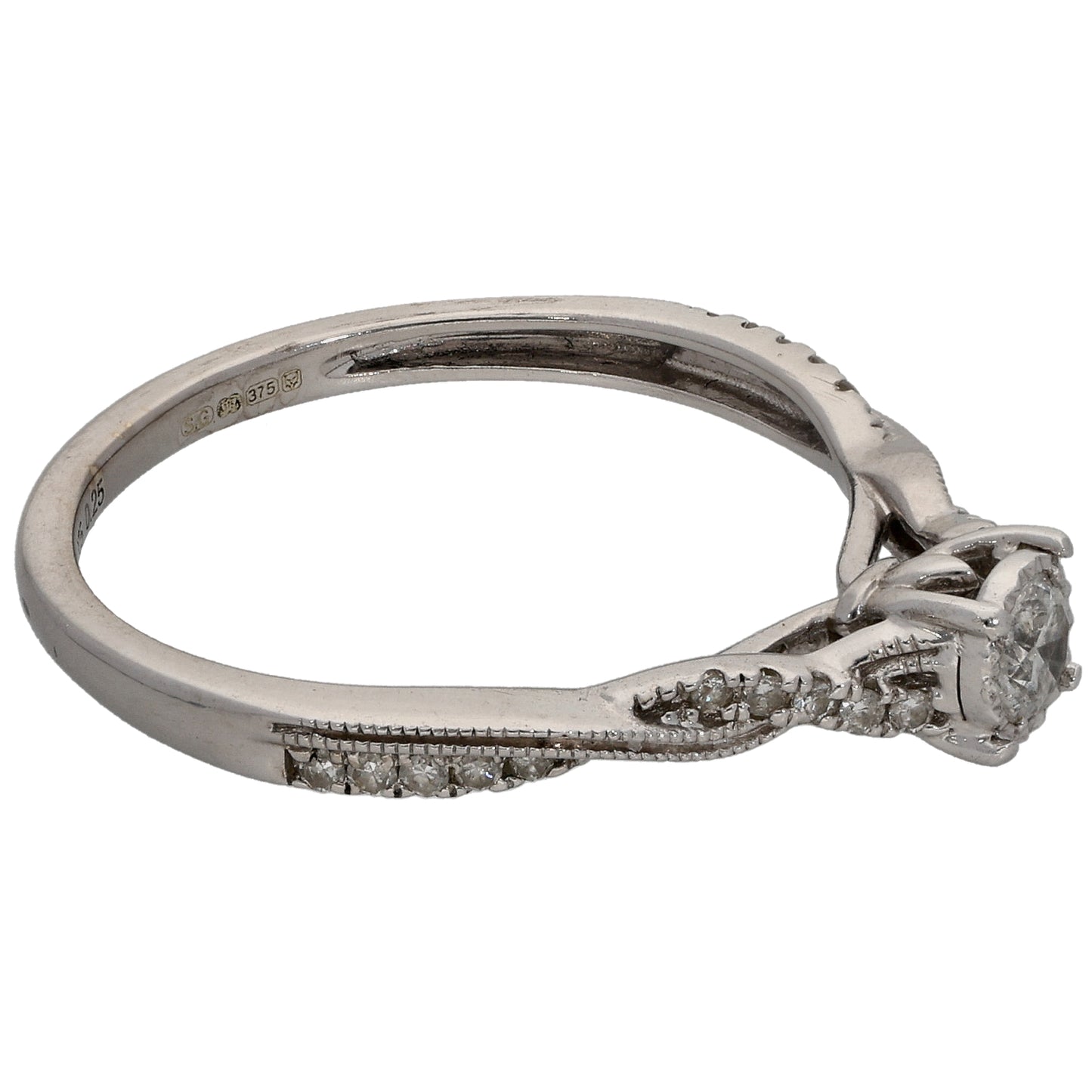 9ct White Gold 0.25ct Diamond Solitaire Ring With Accent Stones Size N