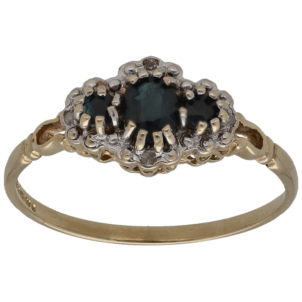 9ct gold cluster ring with dark gemstone center and round diamond accents, prong set