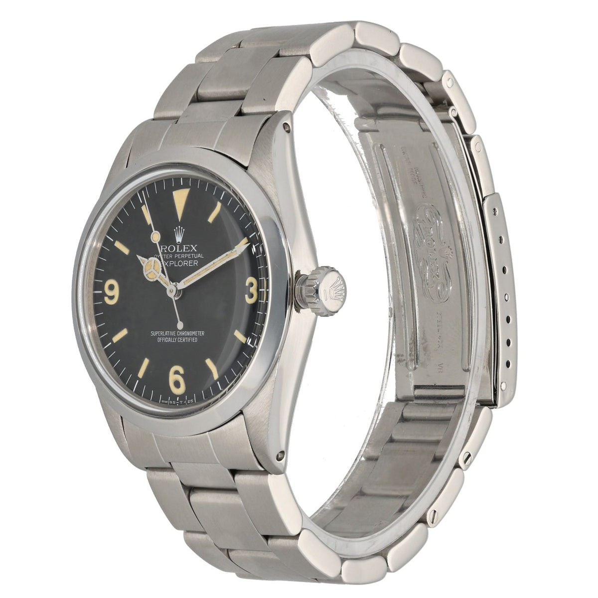 Rolex Explorer 1016, vintage watch with black dial and stainless steel, front angle