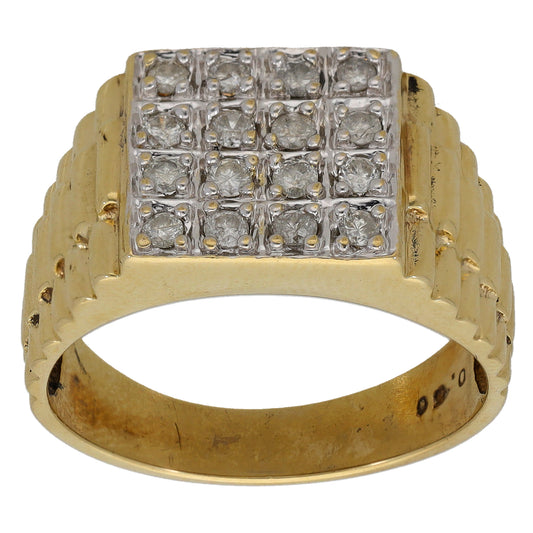 9ct gold signet ring with rectangular diamond-pattern top and raised bezel