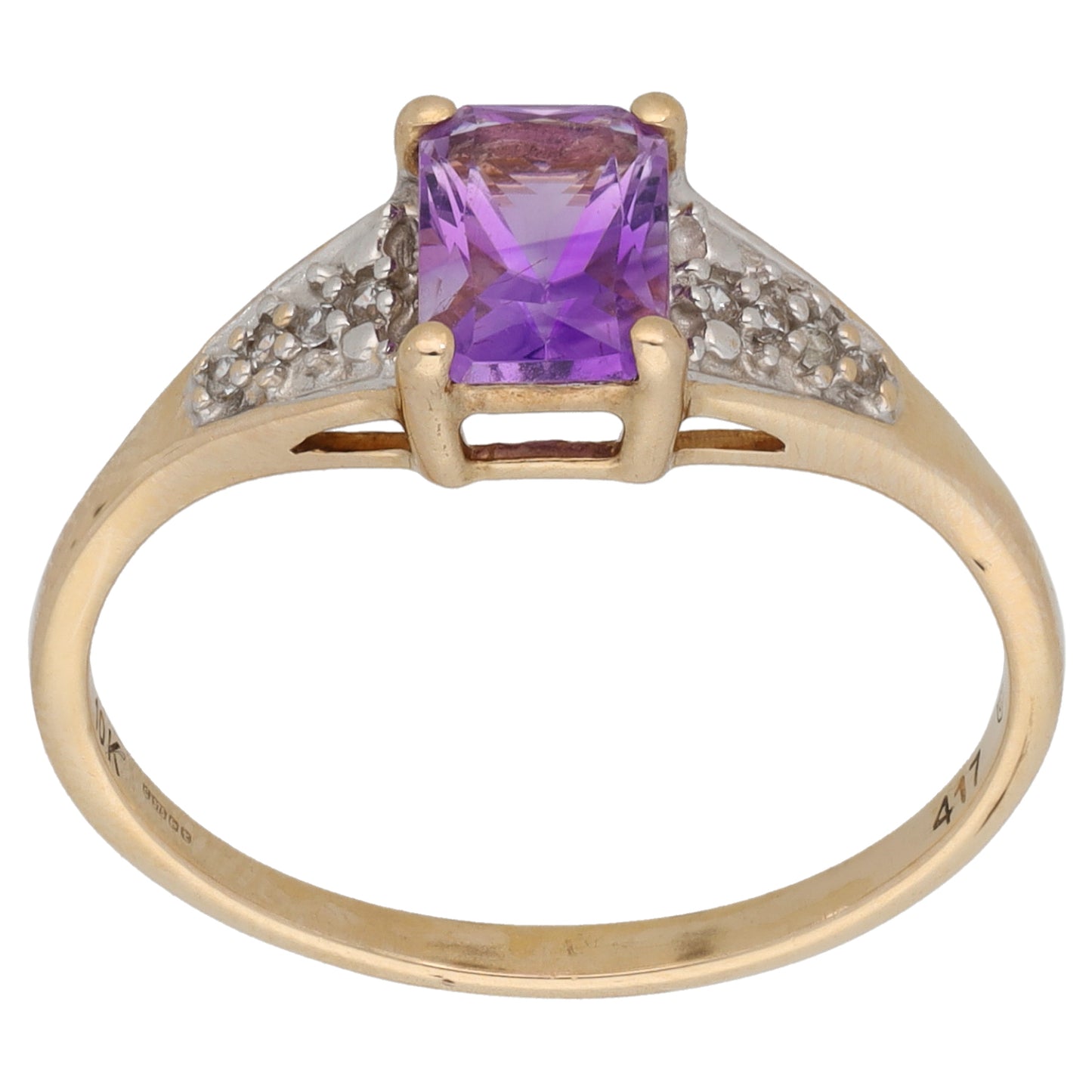 9ct Gold Amethyst & Cubic Zirconia Single Stone Ring with Accent Stones Size R