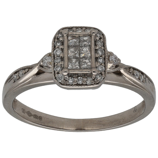 Platinum diamond cluster ring with square center and round side accents