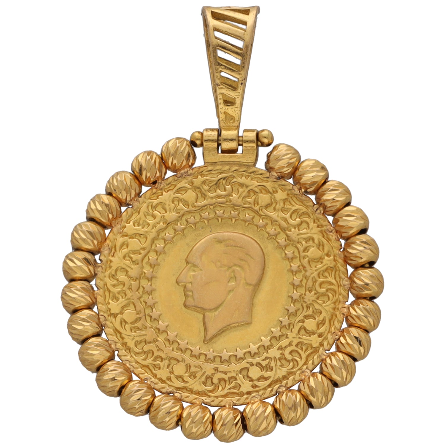 Gold-tone round pendant with profile medallion, beaded rim, and top loop bail