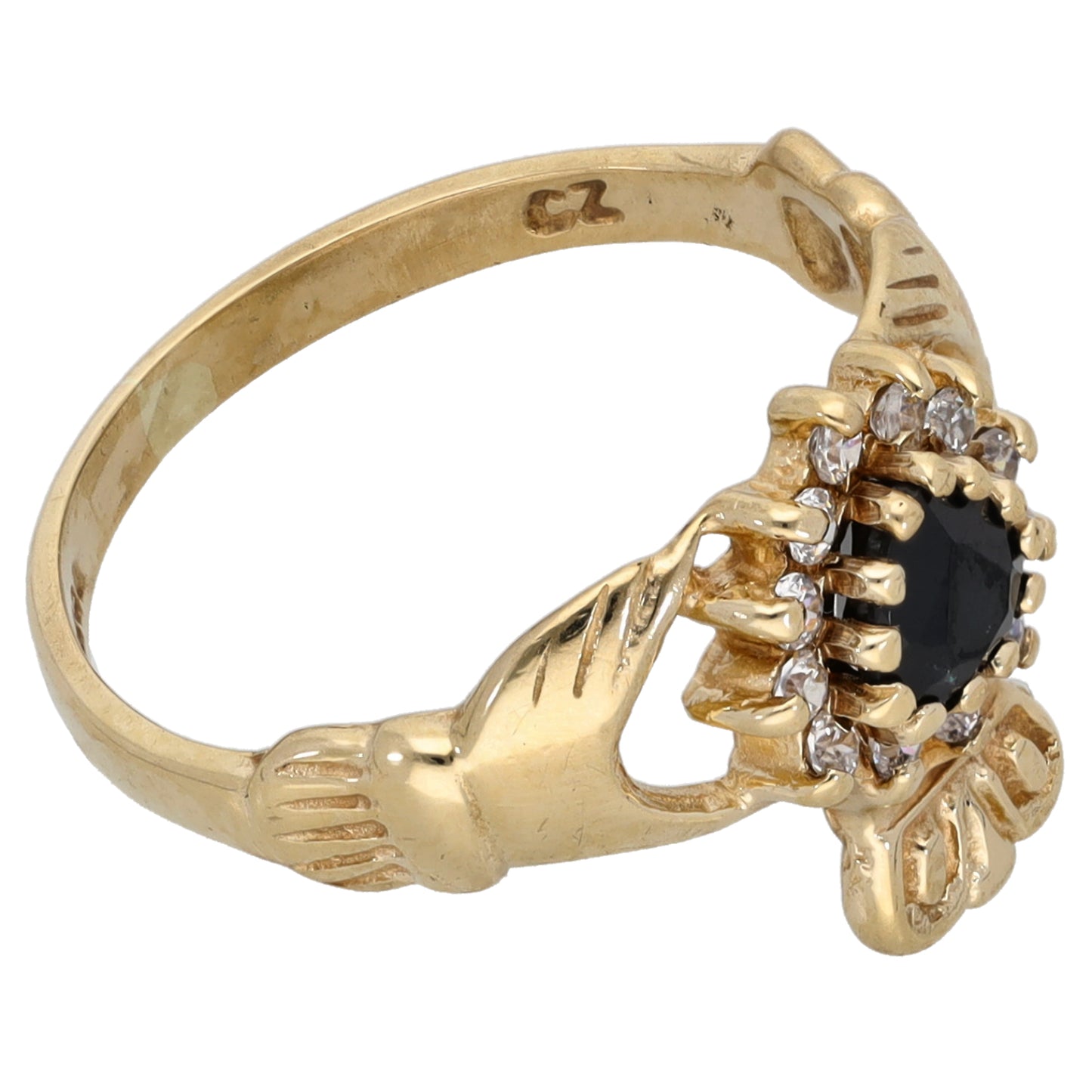 9ct Gold Sapphire & Cubic Zirconia Claddagh Ring Size M