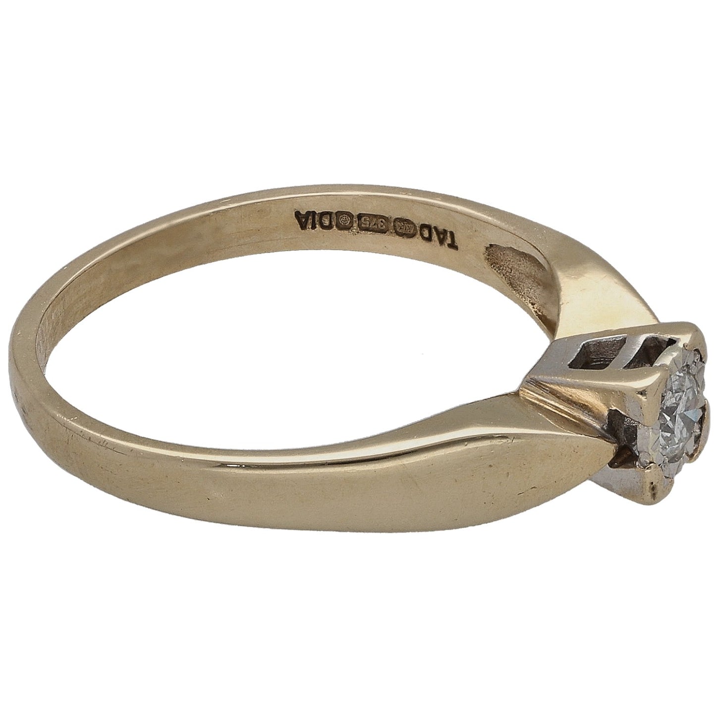 9ct gold solitaire ring showing inside band hallmark and round diamond setting