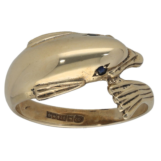 9ct Gold Sapphire Dolphin Ring Size L