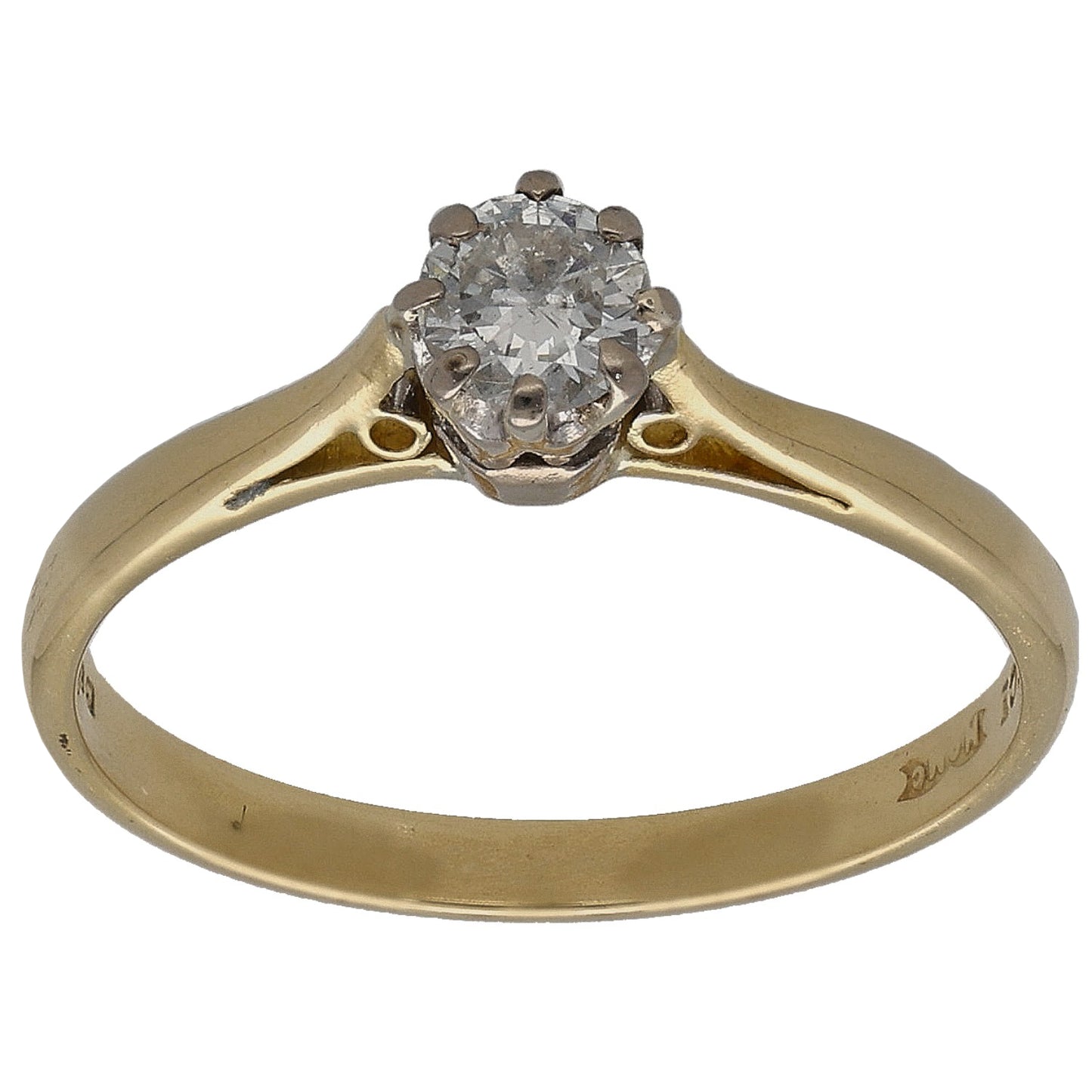 Gold solitaire ring with round center diamond and raised six-prong setting