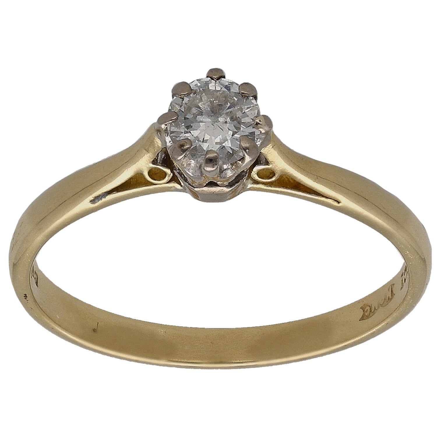 Gold solitaire ring with round center diamond and raised six-prong setting
