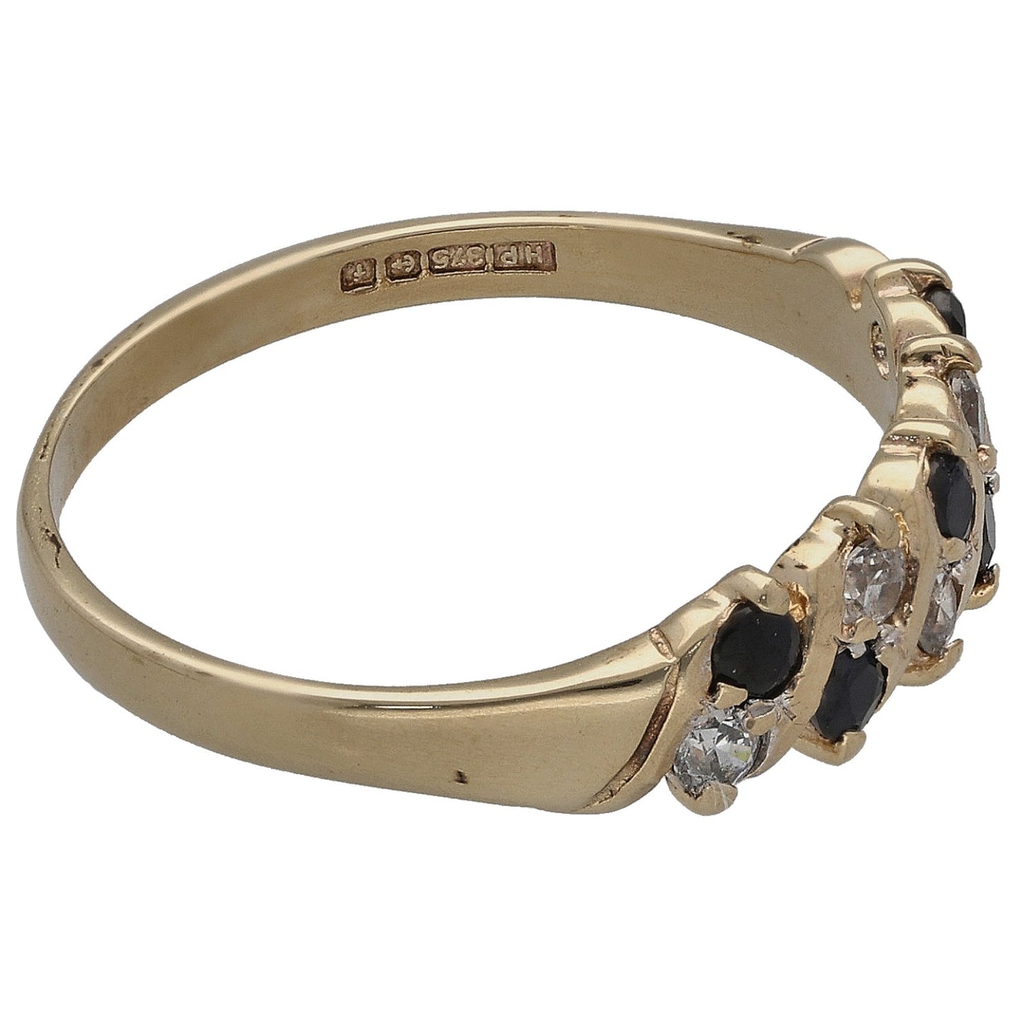 9ct gold half-eternity ring side view with prong-set dark stones and clear CZs on band