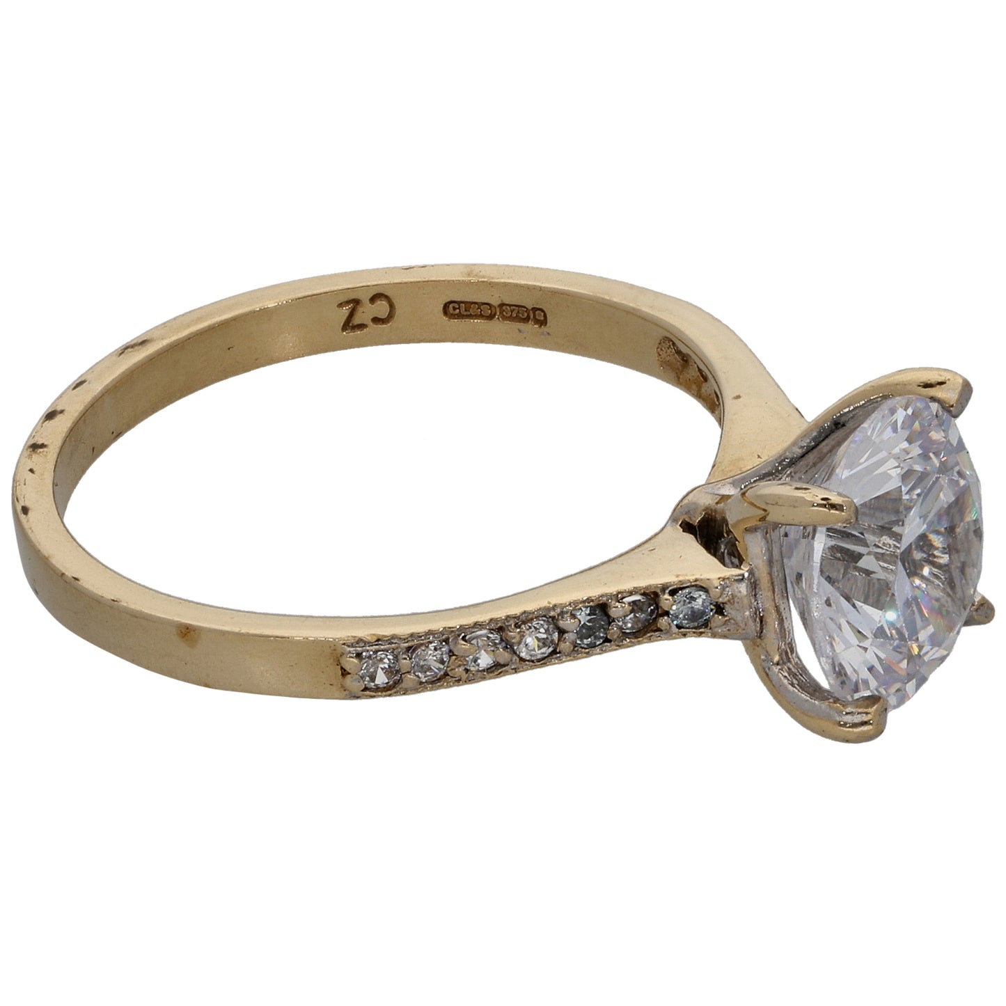 9ct Rose Gold Cubic Zirconia Single Stone Ring with Accent Stones Size N