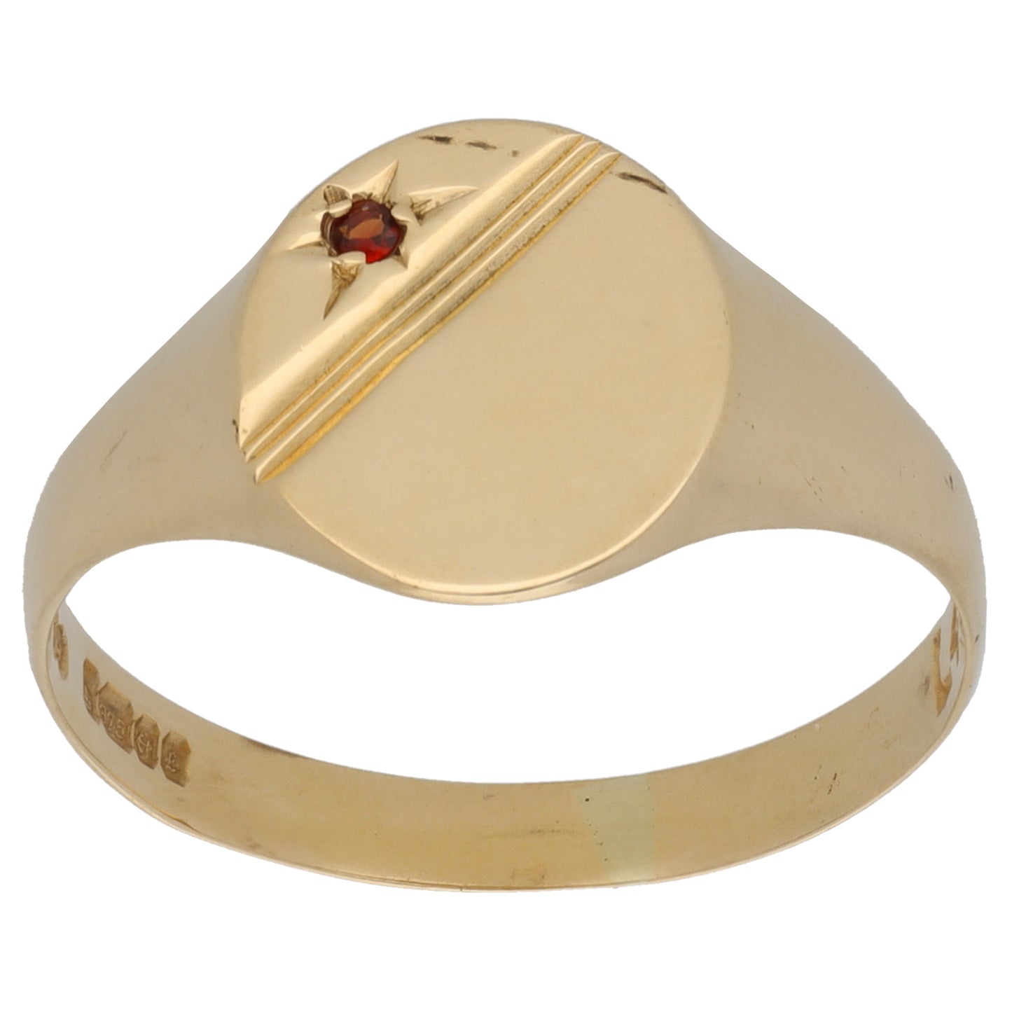 9ct Gold Garnet Patterned Signet Ring Size V