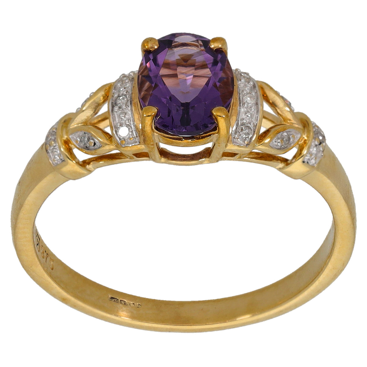 9ct Gold Amethyst & 0.06ct Diamond Single Stone Ring With Accents Size R