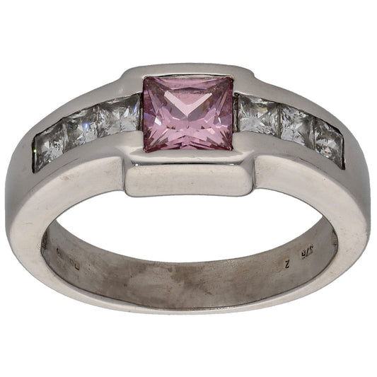 9ct White Gold Cubic Zirconia Single Stone Ring With Accents Size K