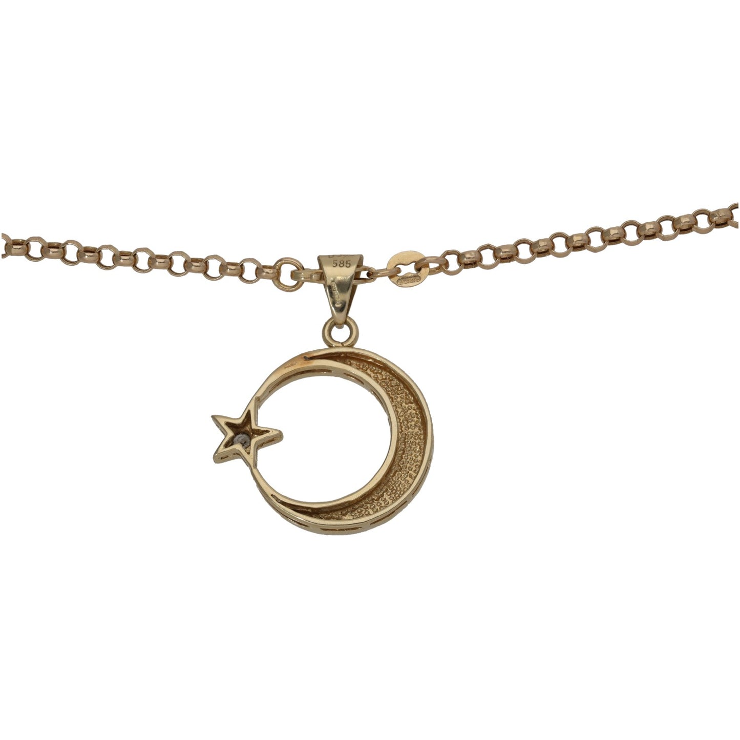 Gold-tone chain necklace with crescent moon and star pendant; clasp with 585 mark