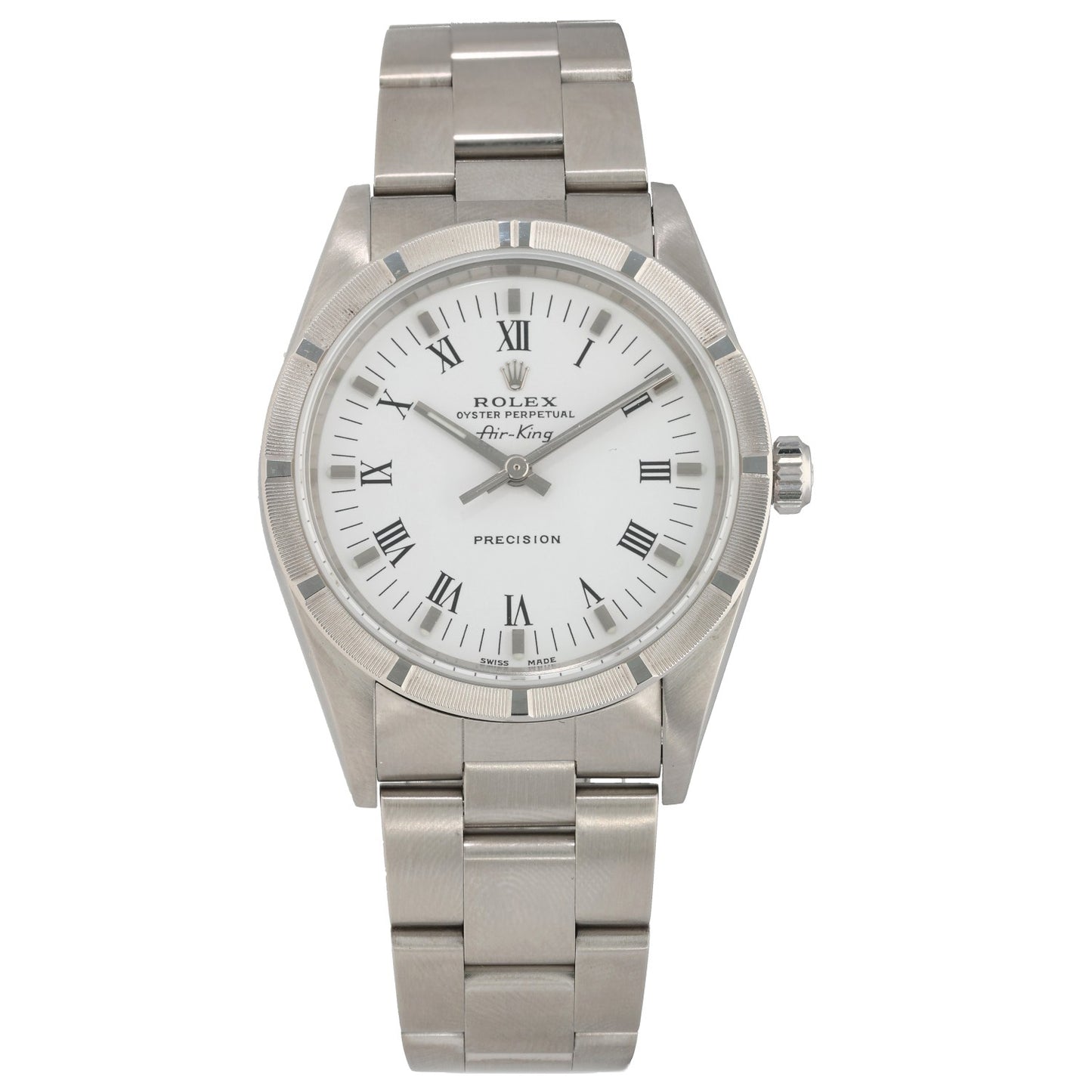 Rolex Air King 14010M, with white dial and Roman Numeral hour markers, in stainless steel case, front 