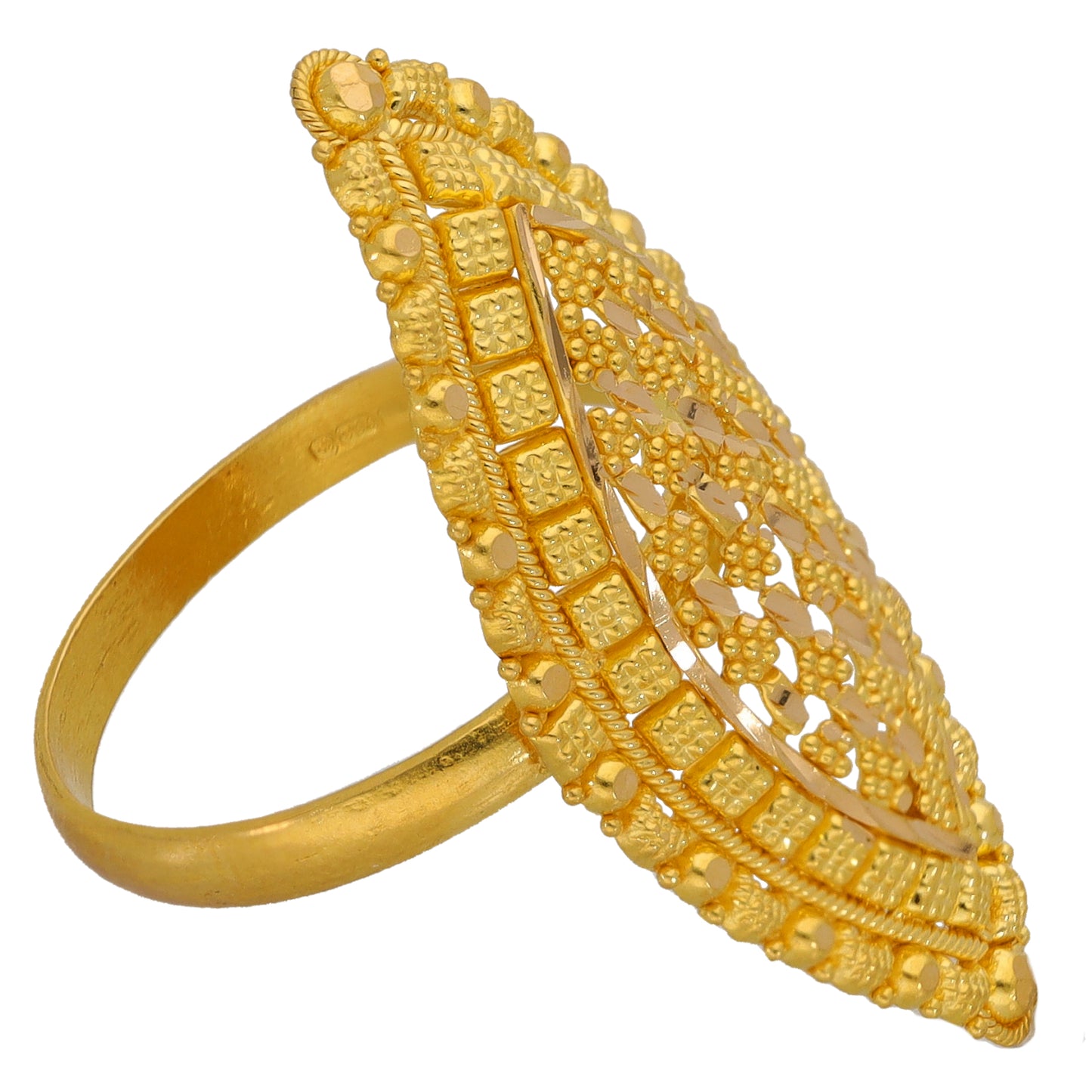 Gold openwork filigree ring with oval crown, textured band, ornate lattice design