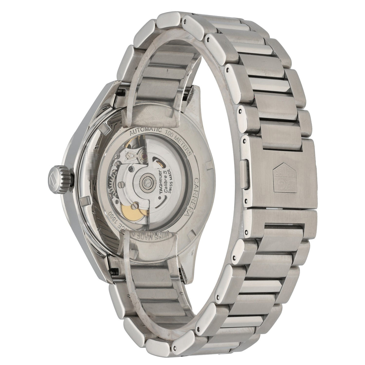 Tag Heuer Carrera WAR201E, open caseback in stainless steel case and bracelet