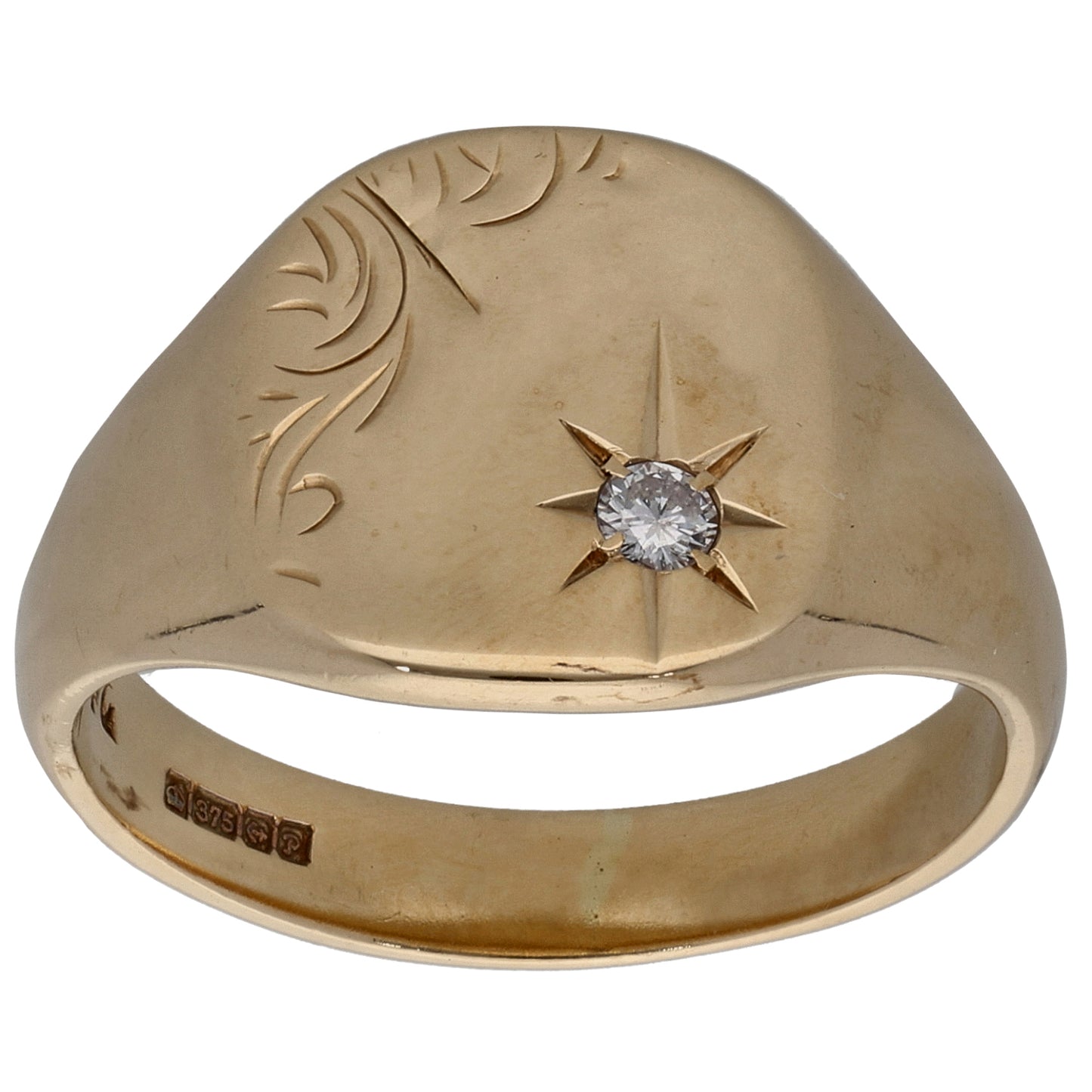 9ct Gold 0.05ct Diamond Patterned Signet Ring Size S