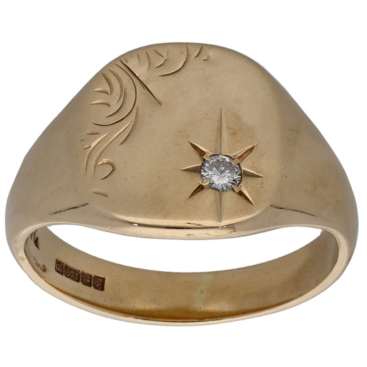 9ct Gold 0.05ct Diamond Patterned Signet Ring Size S