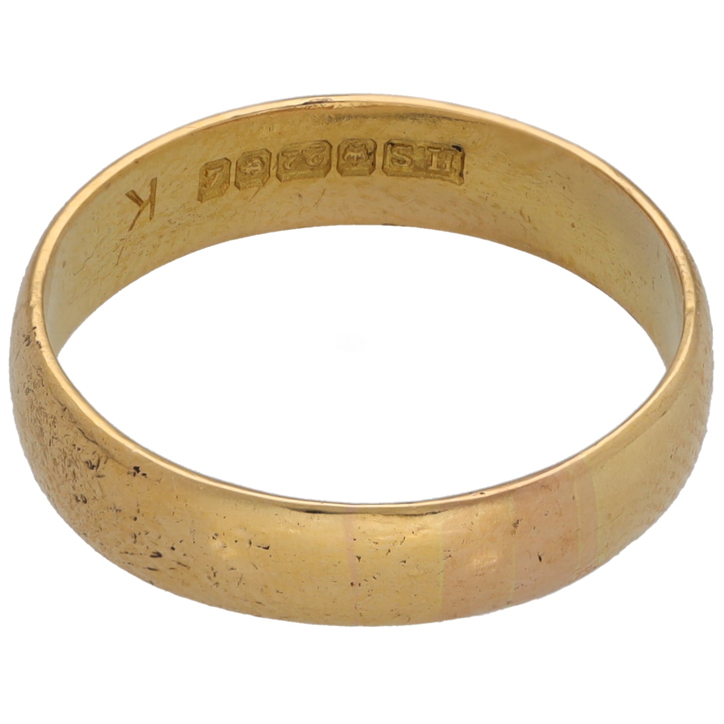 Inside view of 22ct gold plain wedding ring with size engraving