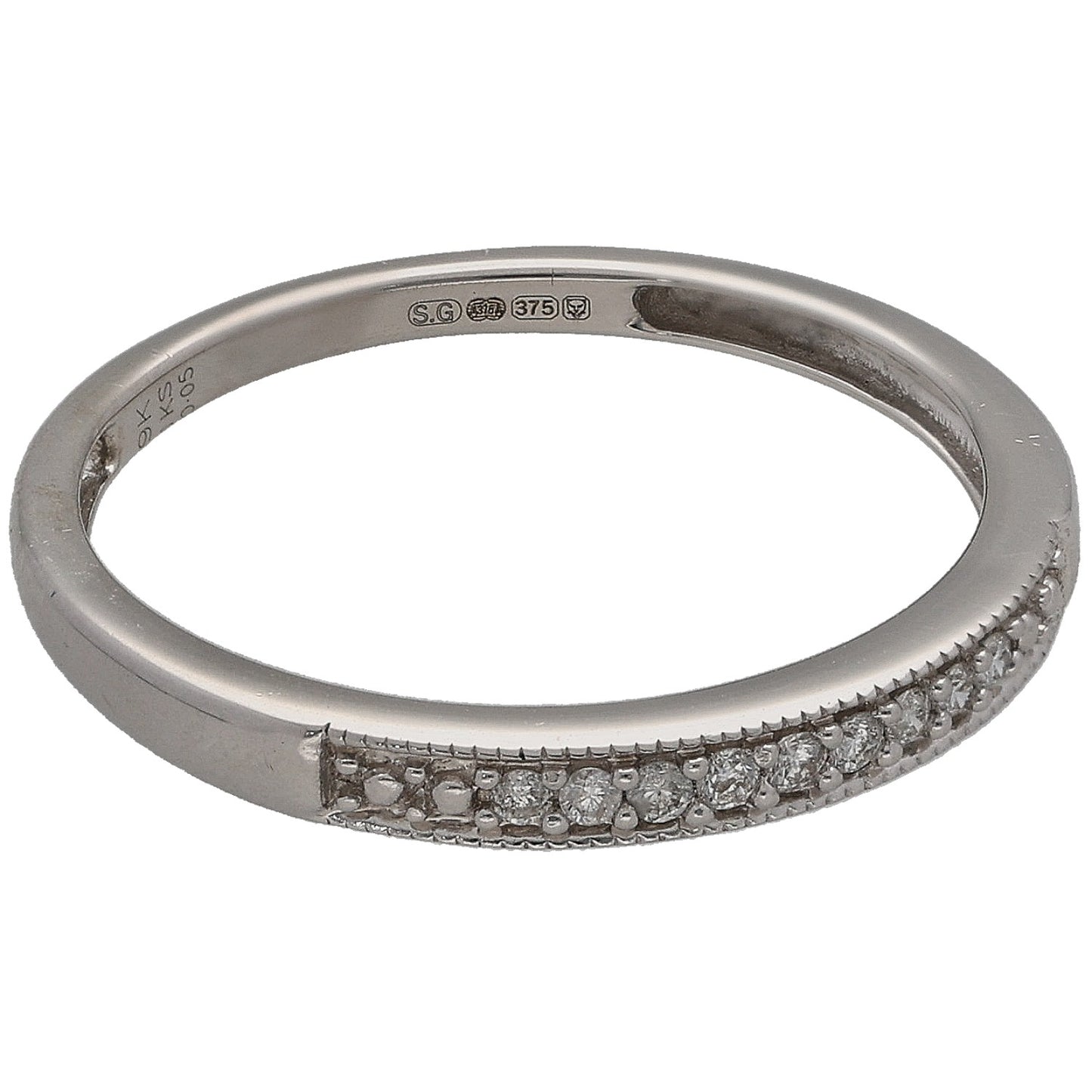 White gold half eternity ring with round diamond channel on one side
