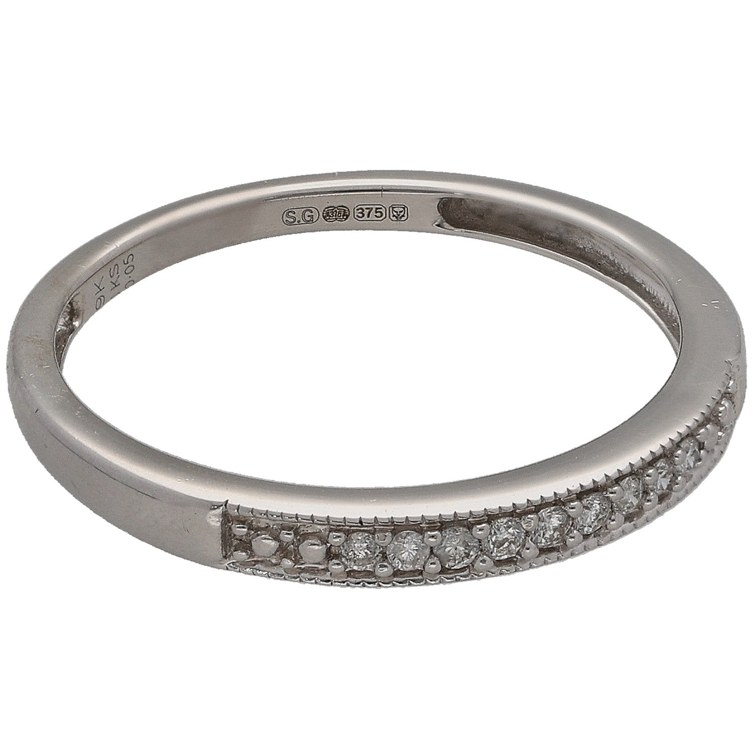 White gold half eternity ring with round diamond channel on one side