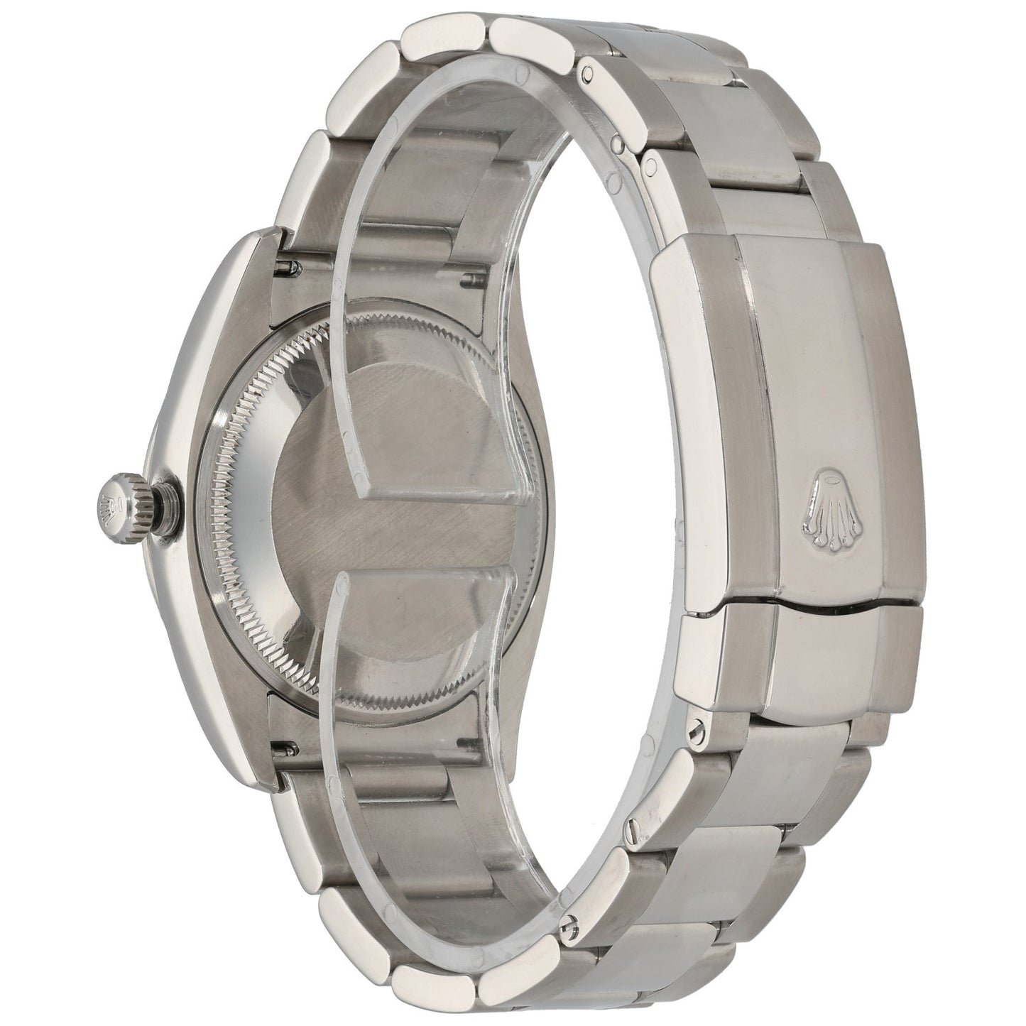Rolex Datejust 115210 Stainless steel wristwatch side view with crown and metal bracelet links