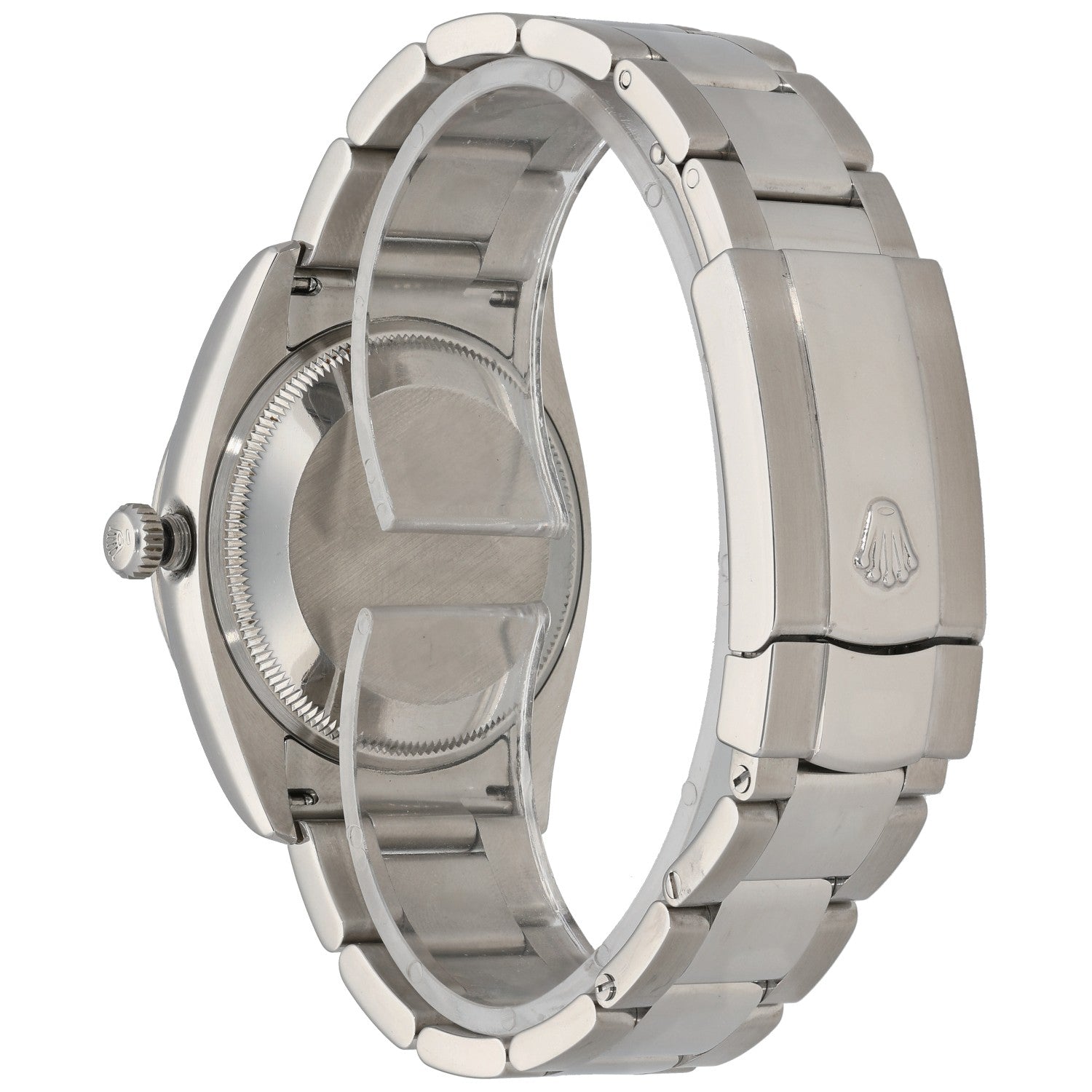 Rolex Datejust 115210 Stainless steel wristwatch side view with crown and metal bracelet links