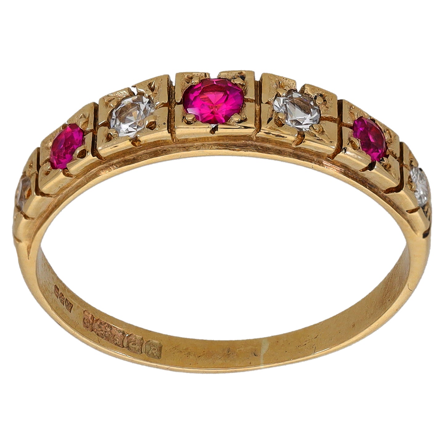 9ct Gold Man Made Ruby & Imitation Gems Half Eternity Ring Size O