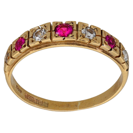 9ct Gold Man Made Ruby & Imitation Gems Half Eternity Ring Size O